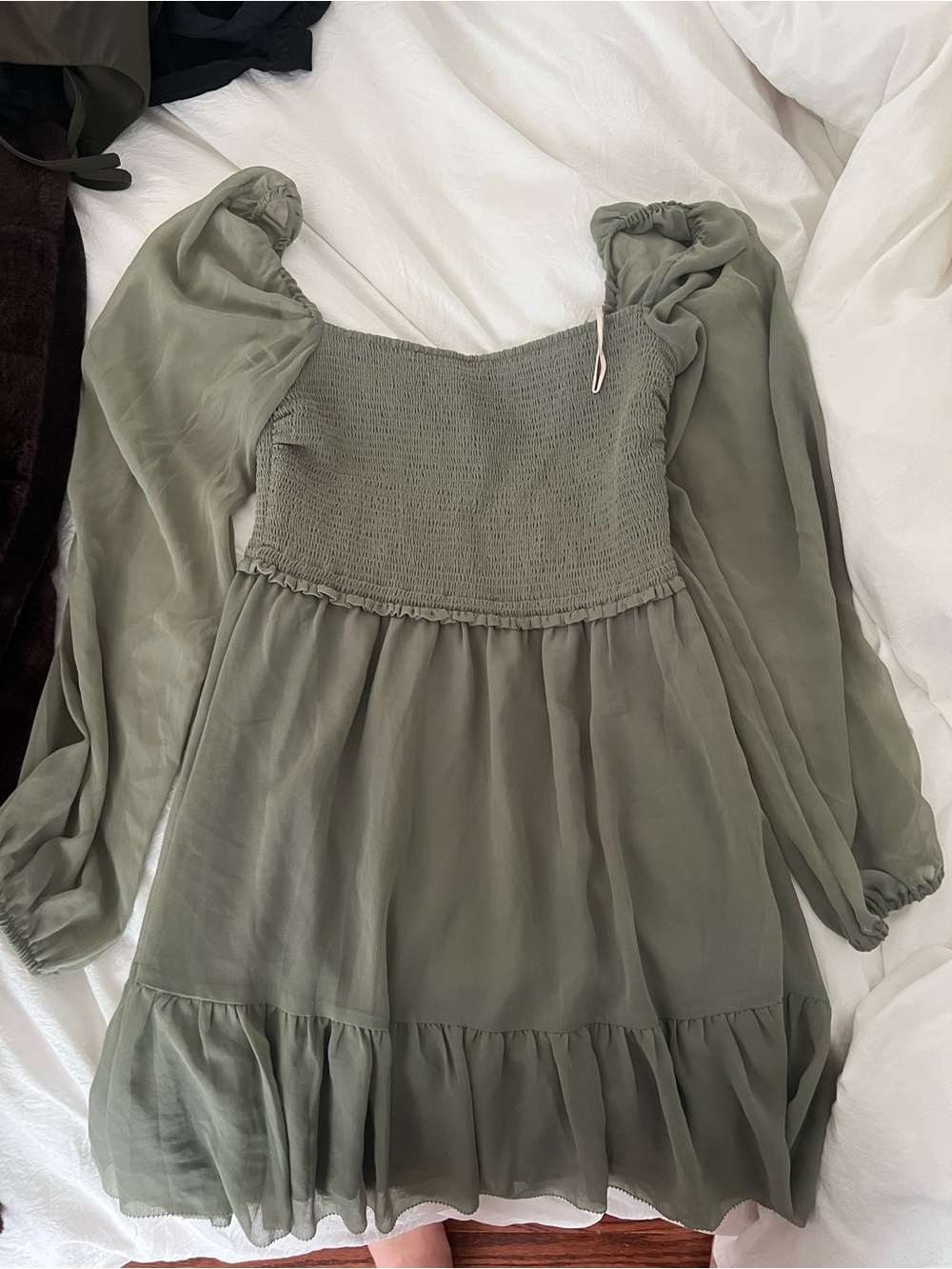 Olive Green Smocked Babydoll Dress Aritzia